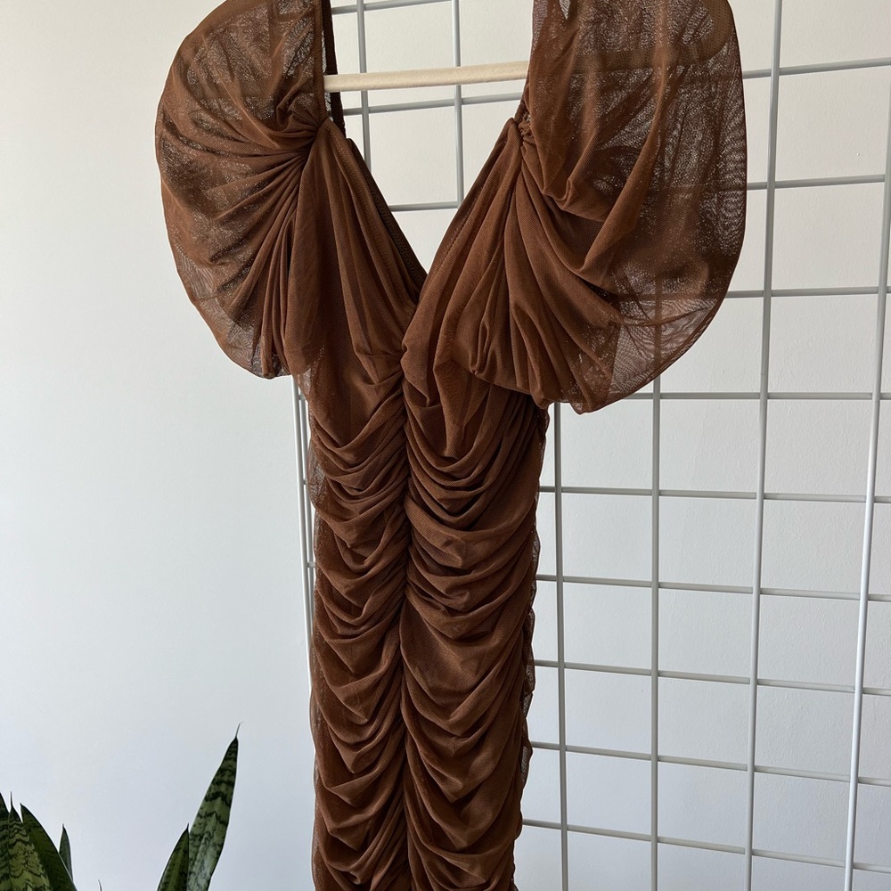 ASOS fitted mini dress size 6 mesh puff sleeves rich chocolate brown color